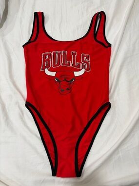 NBA Red One-Piece Swimsuit with Black Trim and Bulls Logo